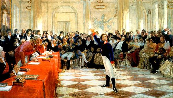 Ilya Repin Alexander Sergeyevich Pushkin recites his poem before Gavrila Derzhavin during the Tsarskoye Selo Lyceum exam on January 8th oil painting picture